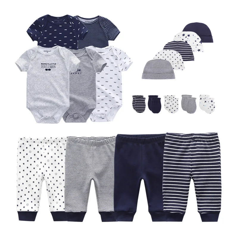 Conjunto de roupas unissex de algodão para bebês recém-nascidos, body + calças + chapéus + luvas/babadores, cor sólida, desenhos animados