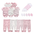 Conjunto de roupas unissex de algodão para bebês recém-nascidos, body + calças + chapéus + luvas/babadores, cor sólida, desenhos animados