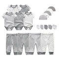 Conjunto de roupas unissex de algodão para bebês recém-nascidos, body + calças + chapéus + luvas/babadores, cor sólida, desenhos animados