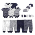 Conjunto de roupas unissex de algodão para bebês recém-nascidos, body + calças + chapéus + luvas/babadores, cor sólida, desenhos animados