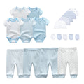 Conjunto de roupas unissex de algodão para bebês recém-nascidos, body + calças + chapéus + luvas/babadores, cor sólida, desenhos animados