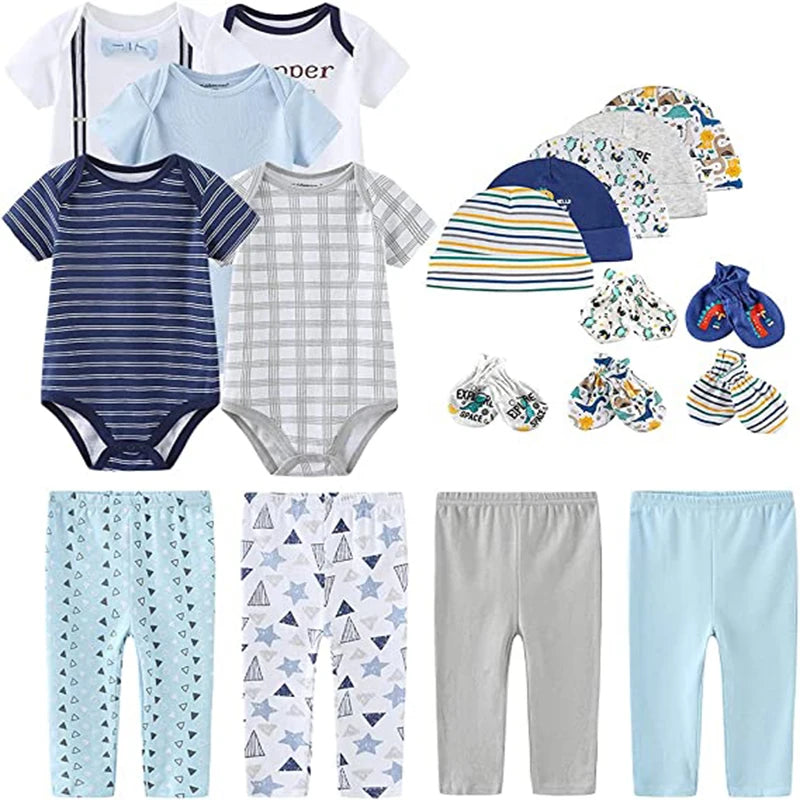 Conjunto de roupas unissex de algodão para bebês recém-nascidos, body + calças + chapéus + luvas/babadores, cor sólida, desenhos animados