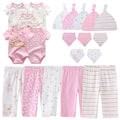 Conjunto de roupas unissex de algodão para bebês recém-nascidos, body + calças + chapéus + luvas/babadores, cor sólida, desenhos animados