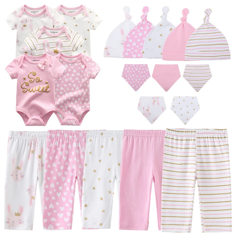 Conjunto de roupas unissex de algodão para bebês recém-nascidos, body + calças + chapéus + luvas/babadores, cor sólida, desenhos animados