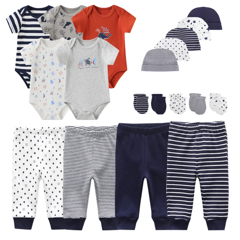 Conjunto de roupas unissex de algodão para bebês recém-nascidos, body + calças + chapéus + luvas/babadores, cor sólida, desenhos animados