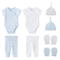 Conjunto de roupas unissex de algodão para bebês recém-nascidos, body + calças + chapéus + luvas/babadores, cor sólida, desenhos animados