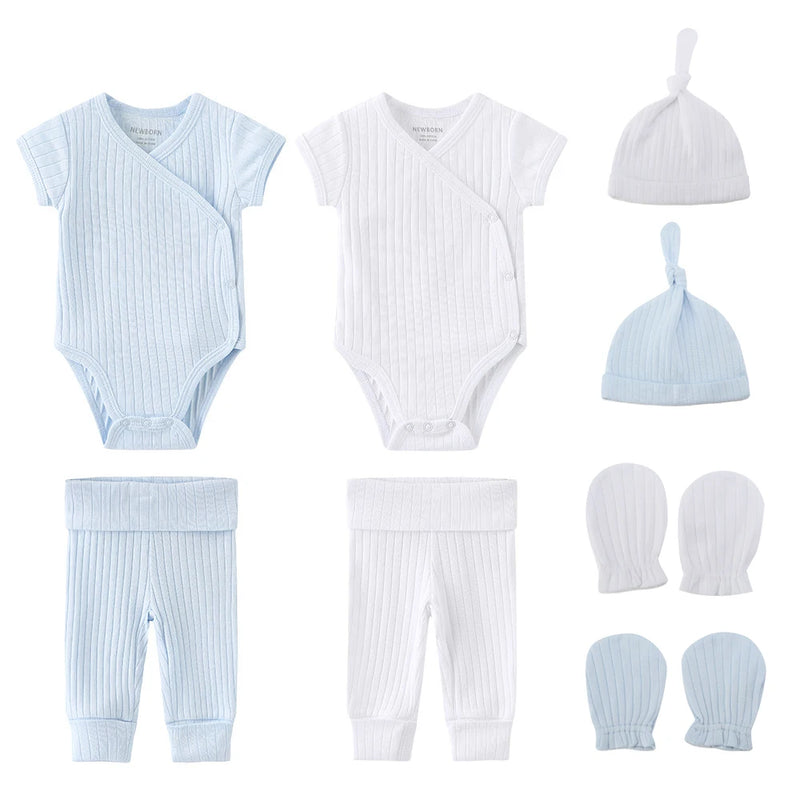 Conjunto de roupas unissex de algodão para bebês recém-nascidos, body + calças + chapéus + luvas/babadores, cor sólida, desenhos animados