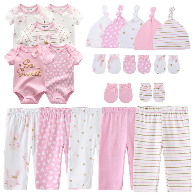 Conjunto de roupas unissex de algodão para bebês recém-nascidos, body + calças + chapéus + luvas/babadores, cor sólida, desenhos animados