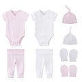 Conjunto de roupas unissex de algodão para bebês recém-nascidos, body + calças + chapéus + luvas/babadores, cor sólida, desenhos animados